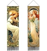 PRESSINART 2Pcs 2 Styles Mucha Tapestry Wall Hanging Vertical Aesthetic Long Narrow Hanging Poste...