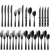 BEWOS 24 Piece Black Silverware Set - Service for 4 - Stainless Steel Silverware Set with Steak K...