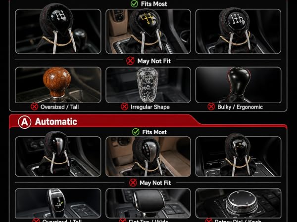 Fit guide for manual and automatic shift knobs, with compatible and incompatible shape examples.