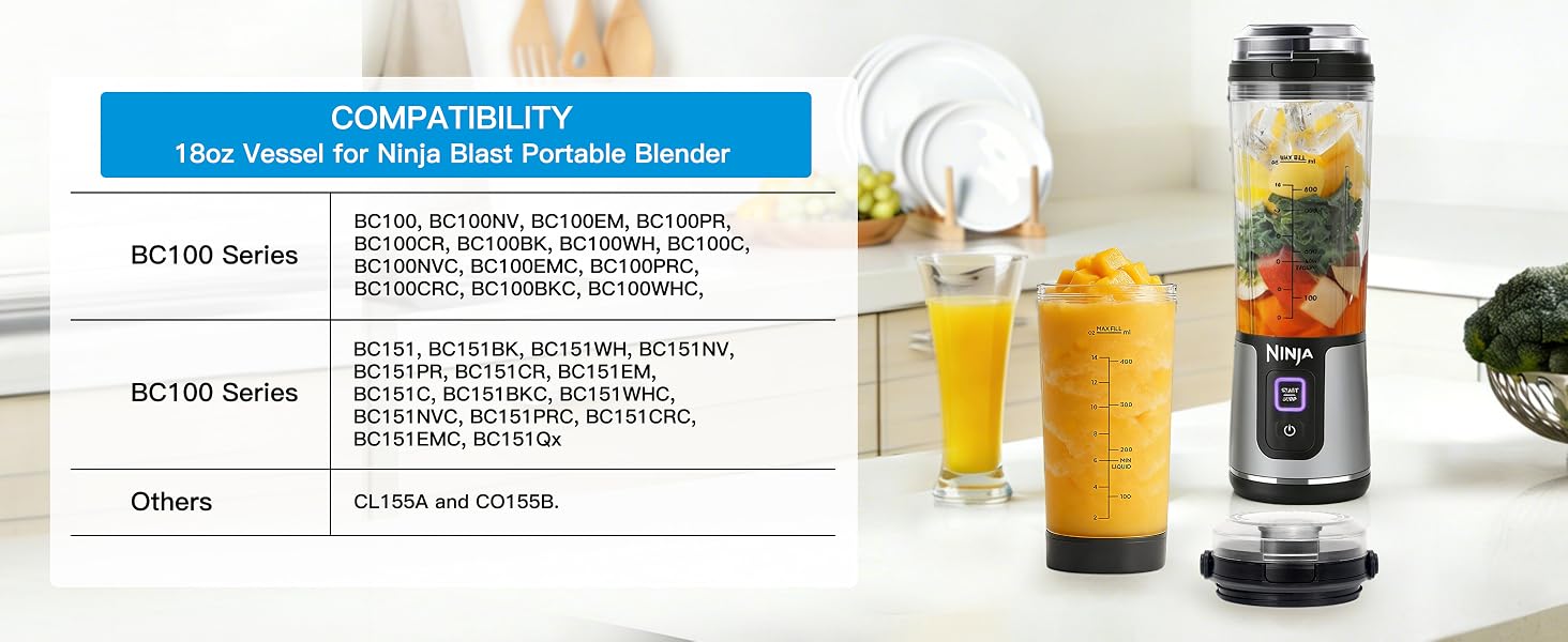 Replacement 18 oz Blending Vessel Compatible with Ninja Blast Portable Blender