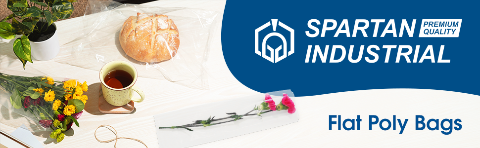 Three sizes of clear plastic bags filled with a loaf of sourdough bread, two flowers, and a bouquet