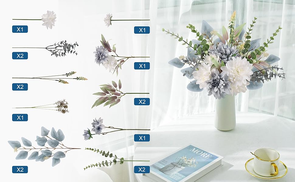 bouquet contains white dahlia flowers, blue dahlia flowers, eucalyptus stems and other fake plants.