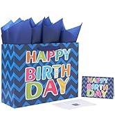 13" Large Blue Gift Bag Set with Greeting Card and White Tissue Papers (Laser Foil 'Happy Birthda...