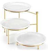 MALACASA 3-Tier Serving Stand, 10" Round White Porcelain Tray with Black Metal Frame, Dessert Cup...