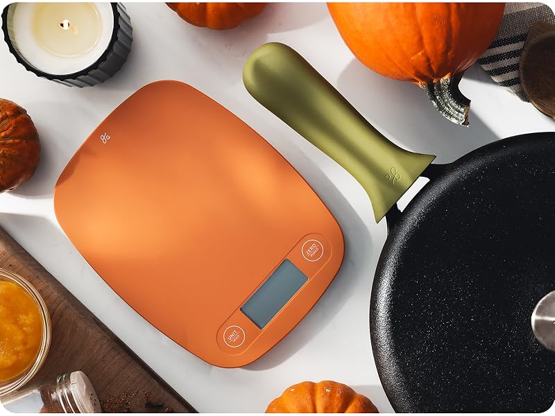 pumpkin spice up your fall kitchen essentials with this colorful digital scale and skillet handle