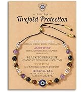 HGDEER Natural Crystal Protection Bracelet - 5 Healing Stones Clear Quartz Amethyst Black Tourmal...