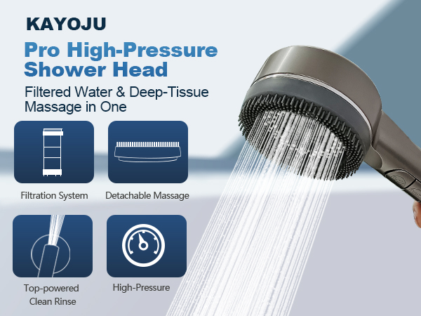 KAYOJU high pressure hand-held shower head offers 4 different spray patterns