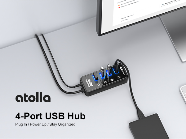 atolla 4-Port USB Hub with LED indicators: plug in, power up and keep your desk organized