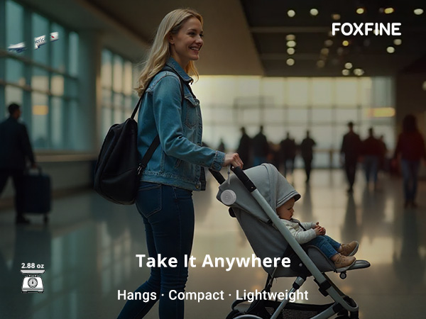 Mom with baby in airport using sound machine, illustrating travel convenience and daily portability