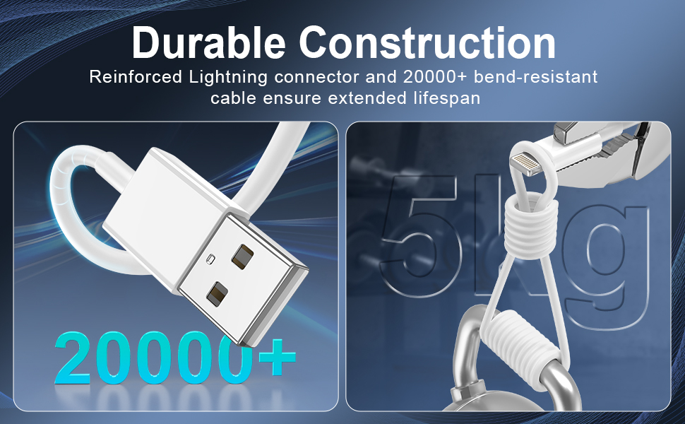 reinfouced lightning connector and 20000+ bend-resistant test ensure extended lifespan