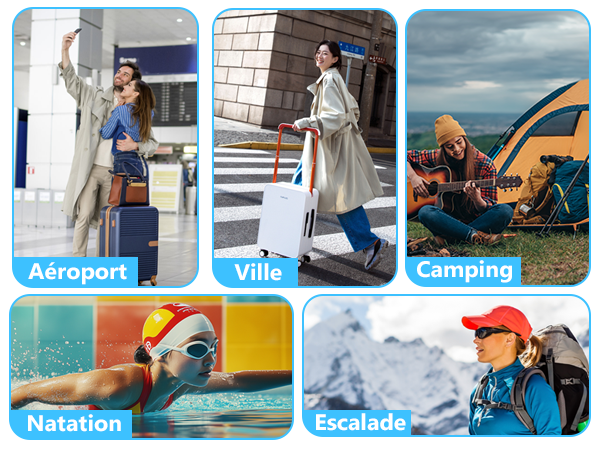 Text includes 'Natation' and 'Escalade'. Collection of images showing various recreational activities including swimming and climbing scenes.