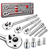 zhax 10 PCS 90 Tooth Ratchet Wrench Set, 1/4”, 3/8”, 1/2” Drive Quick-Release Reversible Socket W...