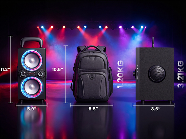 Speaker profiles and a grey rucksack display measurement specs on a vibrant, fog-filled stage.