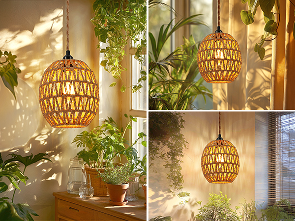 light hanging lamp plug pendant fixture rattan boho cord shade bedroom living room reading dinning