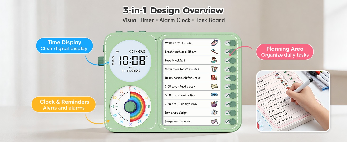 3 in 1 Visual Timer ADHD Tool Kids Adults Task Schedule Chore Planning Board Home green