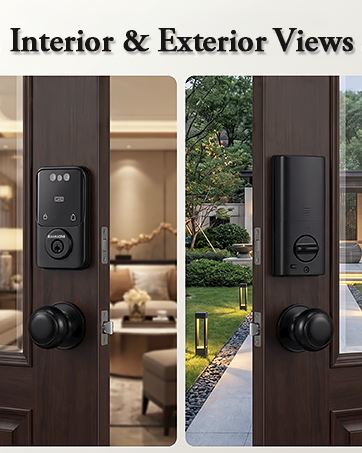 Interior and exterior views of a smart keypad door lock with door knob installed on a front door.