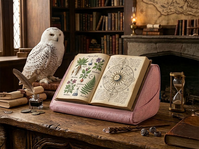 book pillow with a spell book sitting in it on a table.