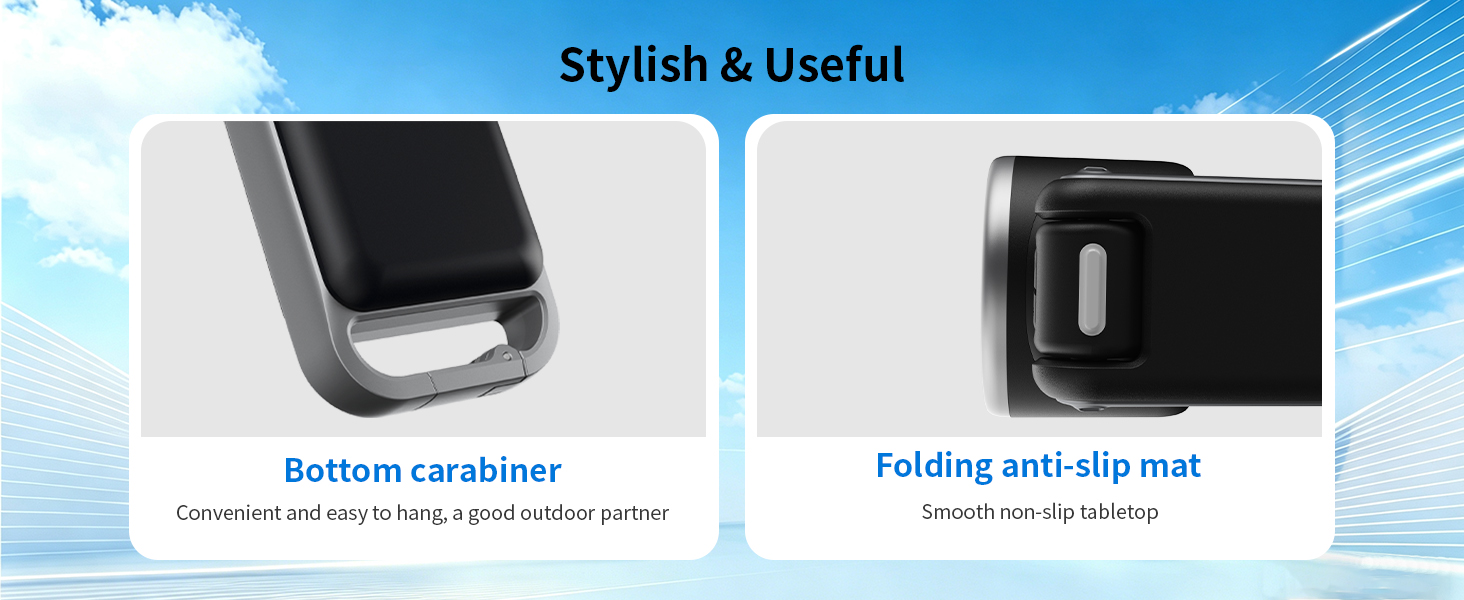 Text reads: 'Stylish & Useful' with 'Bottom cushion' and 'Folding with clip-mat' features shown. Two product views displayed against blue background with white text labels.