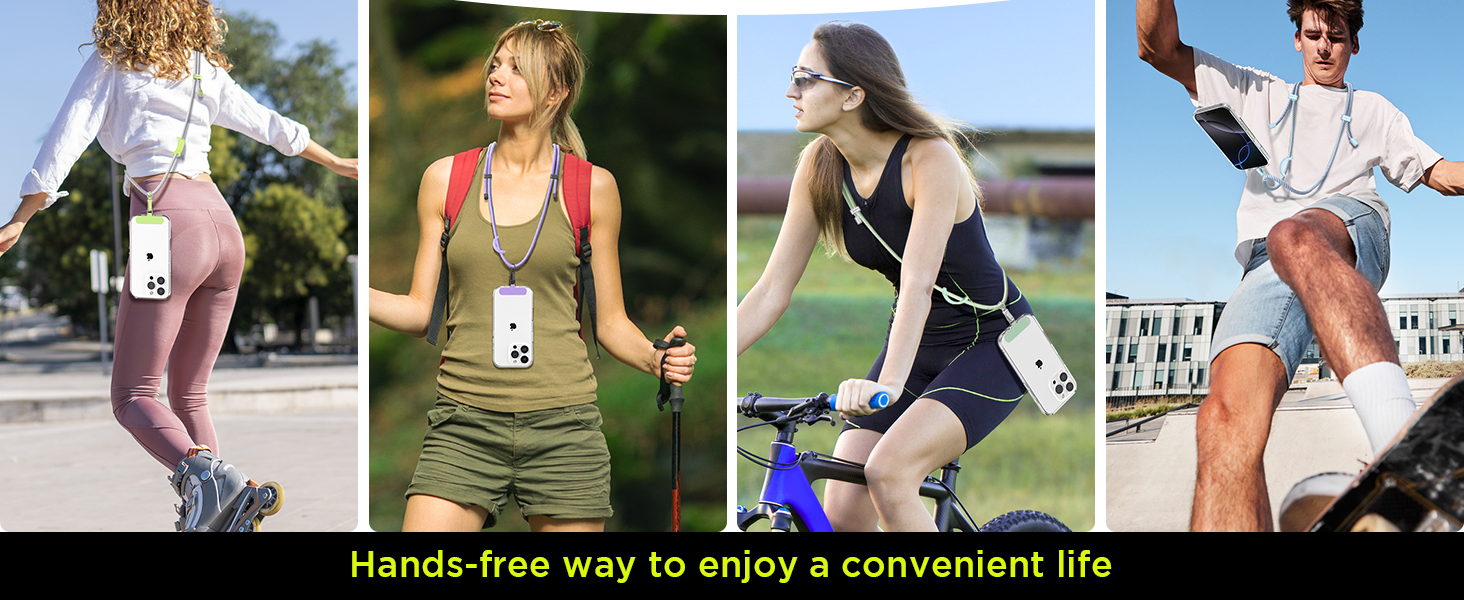 Collage of four people wearing small white devices clipped to their clothing while engaged in various outdoor activities. Text reads 'Hands-free way to enjoy a convenient life'.