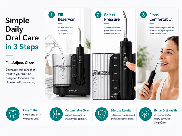 SimpliCare FC1761 countertop water flosser with 10 pressure levels, 600ml tank and 8 tips.
