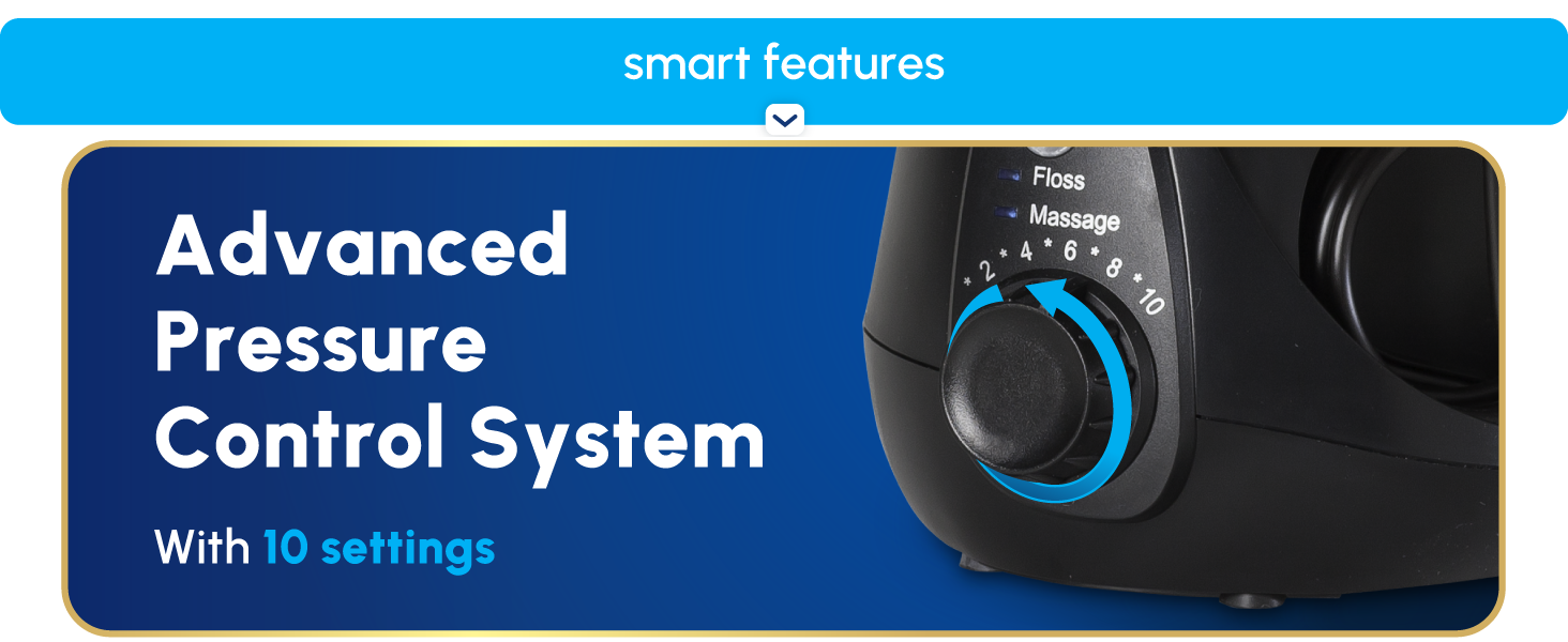 Image of Waterpik floss machine settings dial with text reading advanced pressure control system.