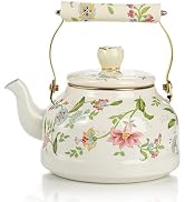 Jucoan 2.6 Quart Vintage Enamel Tea Kettle, Green Floral Enamel on Steel Stovetop Water Kettle Te...