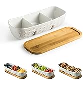 Miamolo Chip and Dip Serving Set with Acacia Wood Serving Tray, Majolica Salsa Turtles - Condimen...