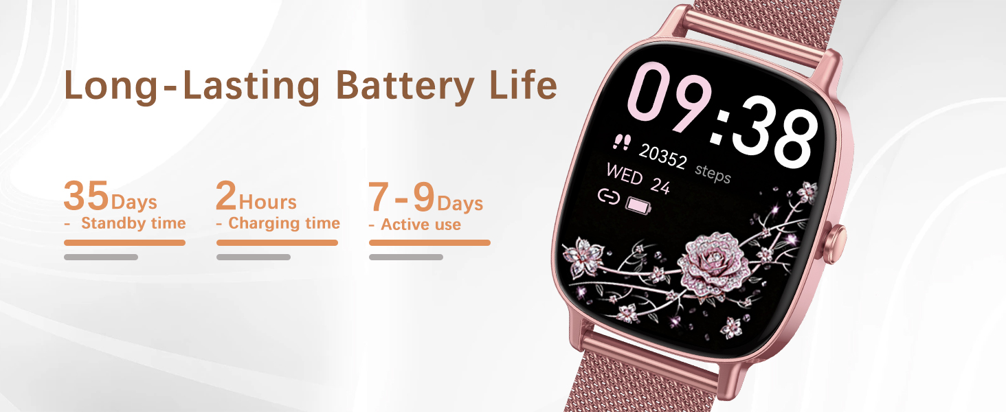 Text reads 'Long-Lasting Battery Life'. Digital smartwatch display showing time '09:38' with multiple views showing interface features and charging capabilities.