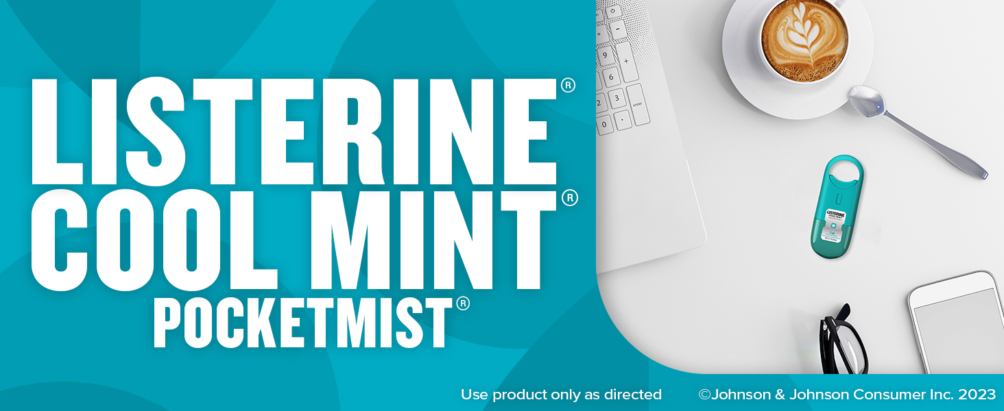 Listerine Cool Mint PocketMist sitting on a desk near a cup of coffee to tackle bad breath germs