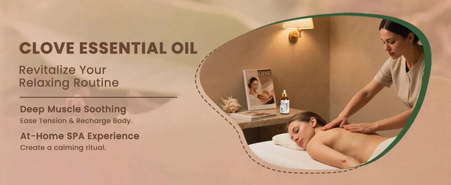 Text reads 'CLOVE ESSENTIAL OIL', 'Revitalize Your Relaxing Routine', 'Deep Muscle Soothing', 'At-Home SPA Experience', 'Create a calming ritual'. Spa-themed promotional banner showing massage and wellness imagery.