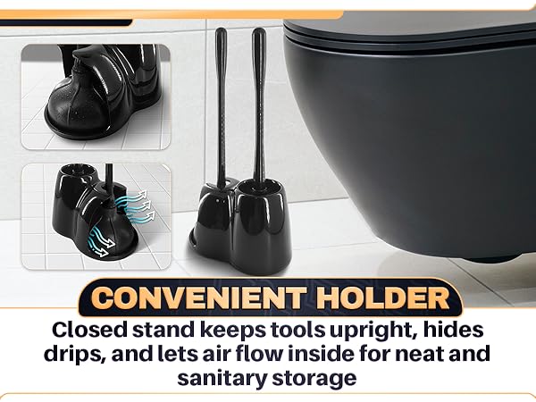 Black toilet plunger and brush set sits in its holder on the floor beside a dark modern toilet