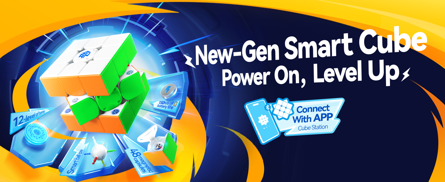 Colorful smart cube puzzle toy with green, white, and orange sides. Features app connectivity and is labeled 'New-Gen Smart Cube: Power On, Level Up'.