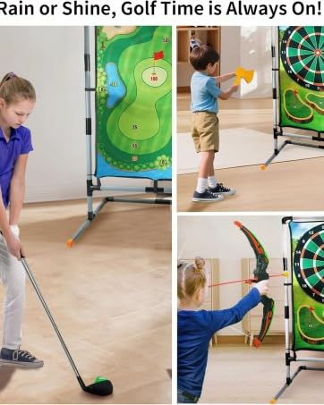 Golf Chipping Game with Stand, Multi-Sport Golf Practice Set with Archery, Darts