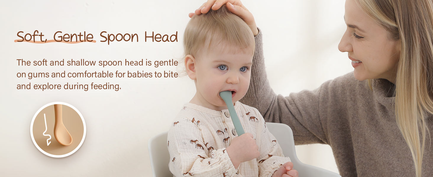 Text reads: 'Soft, Gentle Spoon Head'. Gentle feeding product promotional image showing caring interaction moment.