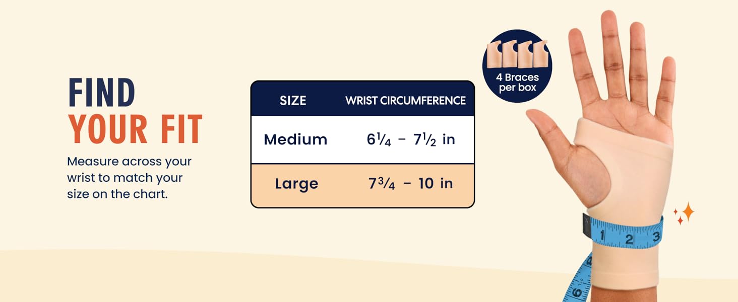 gel wrist brace size chart for left hand and right hand with measuring tape showing fit guide
