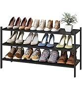 kiplant Black Long Shoe Rack, 3-Tier Bamboo Wood Shoe Rack for Entryway, Stackable | Foldable | N...