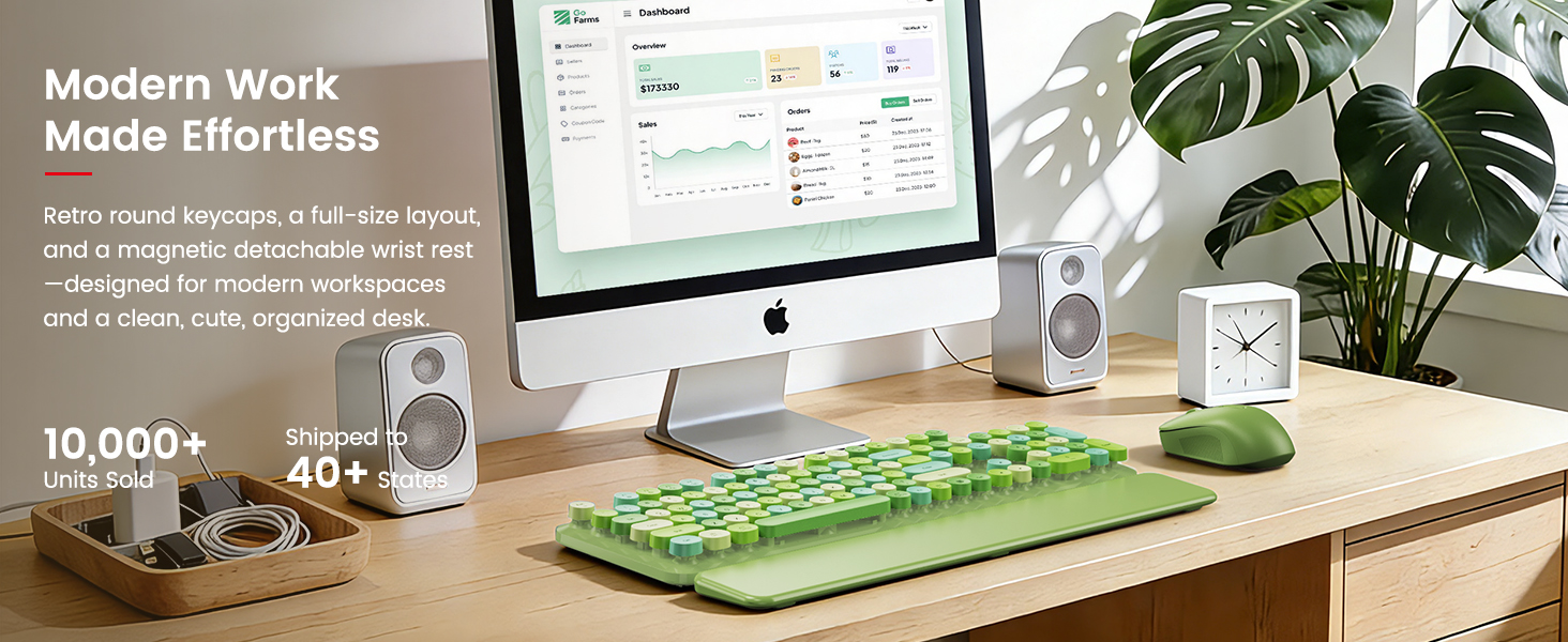 Green keyboard and mouse with wrist rest on a modern home office desk setup