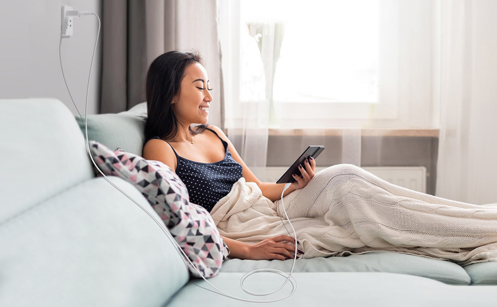Long USB cable charges Kindle in bed or sofa