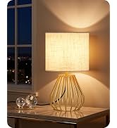 GOEBLESON Gold Table Lamp, 12.6'' Small Table Lamp with Beige Linen Lampshade & Gold Cage Base, M...