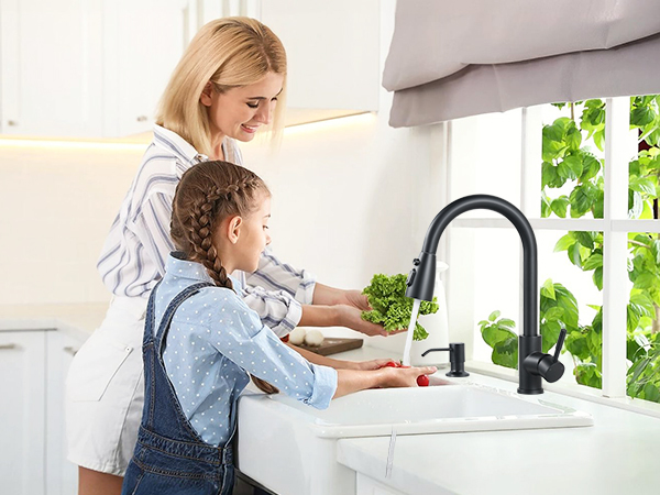 Black kitchen faucet with soap dispenser