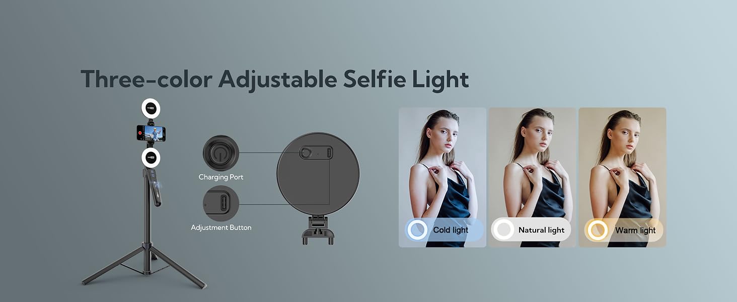Three-color adjustable selfie light setup with tripod stand, showing different lighting temperature options and control interface.
