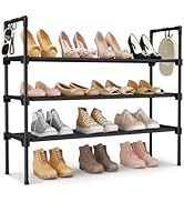 LANTEFUL 3 Tier Shoe Rack for Closet, Shoe Organizer with 5 Hooks, Long Shoe Shelf Storage for Sn...