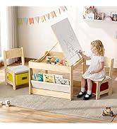 EXPERLAM Kids Table and Chairs, Wooden Kids Table and 2 Chairs with Adjustable-Height Drawing Tab...