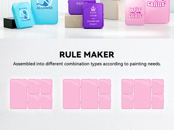 Text reads 'RULE MAKER' and 'Assembled into different combination types according to painting needs.' Displays colorful rubber stamps in blue, purple, and pink with their corresponding imprint patterns shown below.