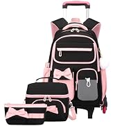 Armbq 3Pcs Rolling Backpack for Girls Color-Block Backpack with Wheels for Elementary Middle Scho...