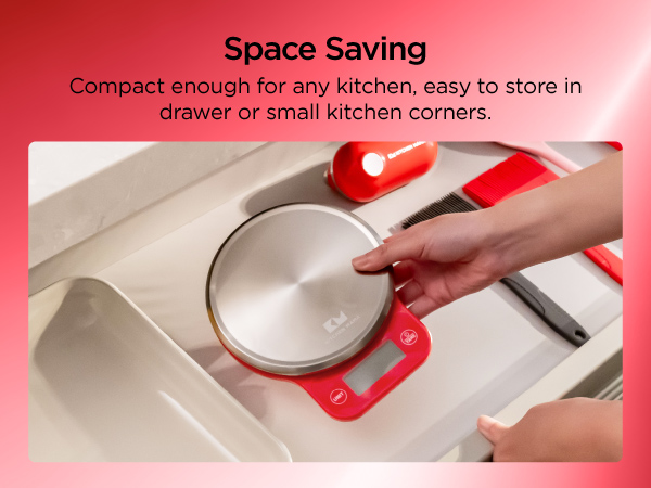 Compact digital food scale designed for easy drawer storage, countertop use, and convenient everyday