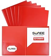 SUNEE 2 Pocket Folders (6/Pack, Red) Heavy-Duty Plastic Folders with Pockets, Fit 8.5x11 Letter S...