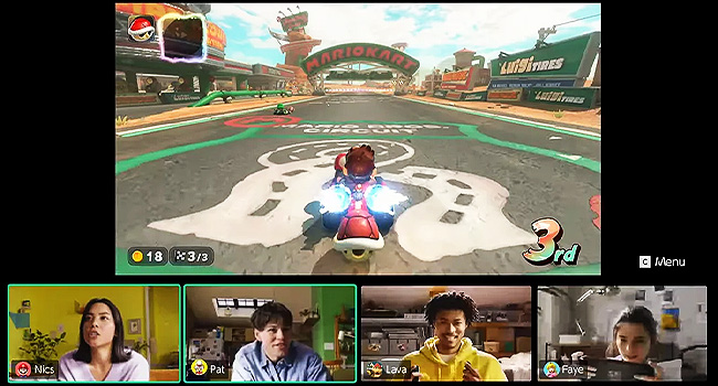 Mario Kart gameplay split with four players video chatting. Mario is in 3rd place