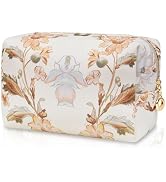 Floral Waterproof Makeup Bag, Leather Cosmetic Bag with Compartments, Zipper Make up Pouch Organi...