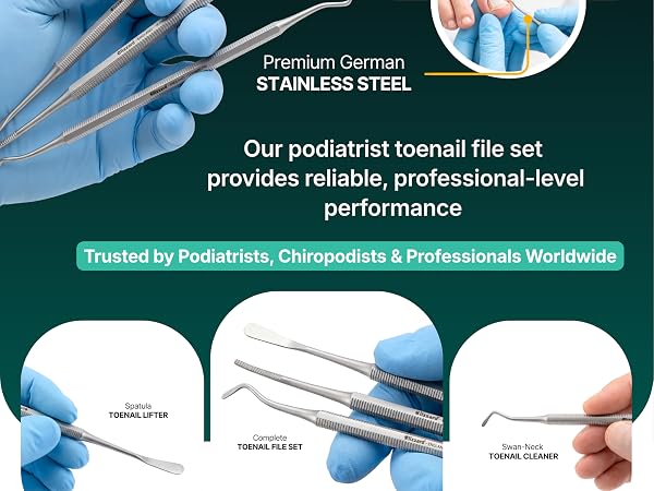 Text reads 'Premium German', 'STAINLESS STEEL', 'Our podiatrist toenail file set provides reliable, professional-level performance', 'Trusted by Podiatrists, Chiropodists & Professionals Worldwide'. Image features stainless steel nail files with labeled callouts and professional endorsement messaging.